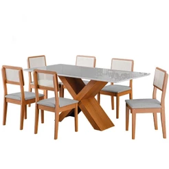 Conjunto De Mesa Sala De Jantar Tampo Com Vidro 1,80m Grécia 6 Cadeiras Santiago Dobuê / Cinza