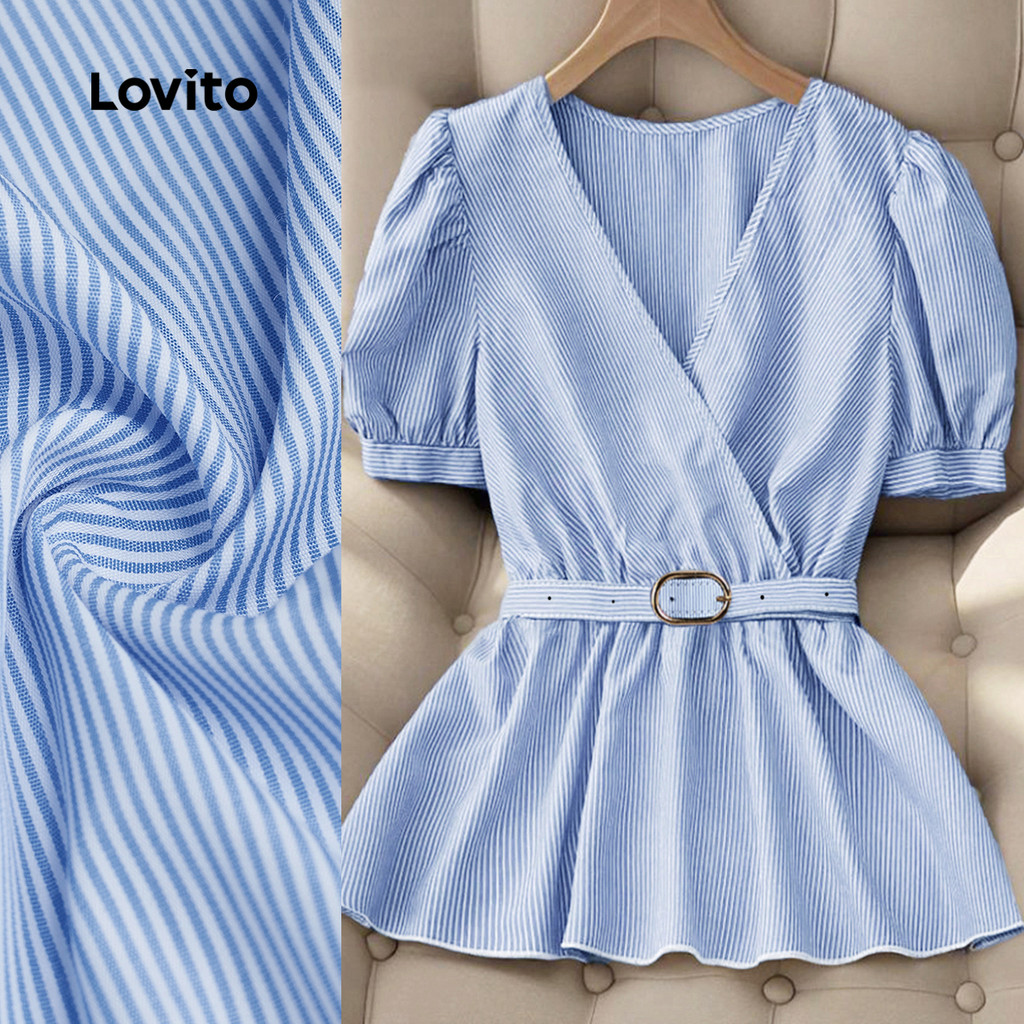 (NEW) Lovito Blusa Elegante com Cinto Primavera/verão Blusa Roxa para Mulheres L154ED1103