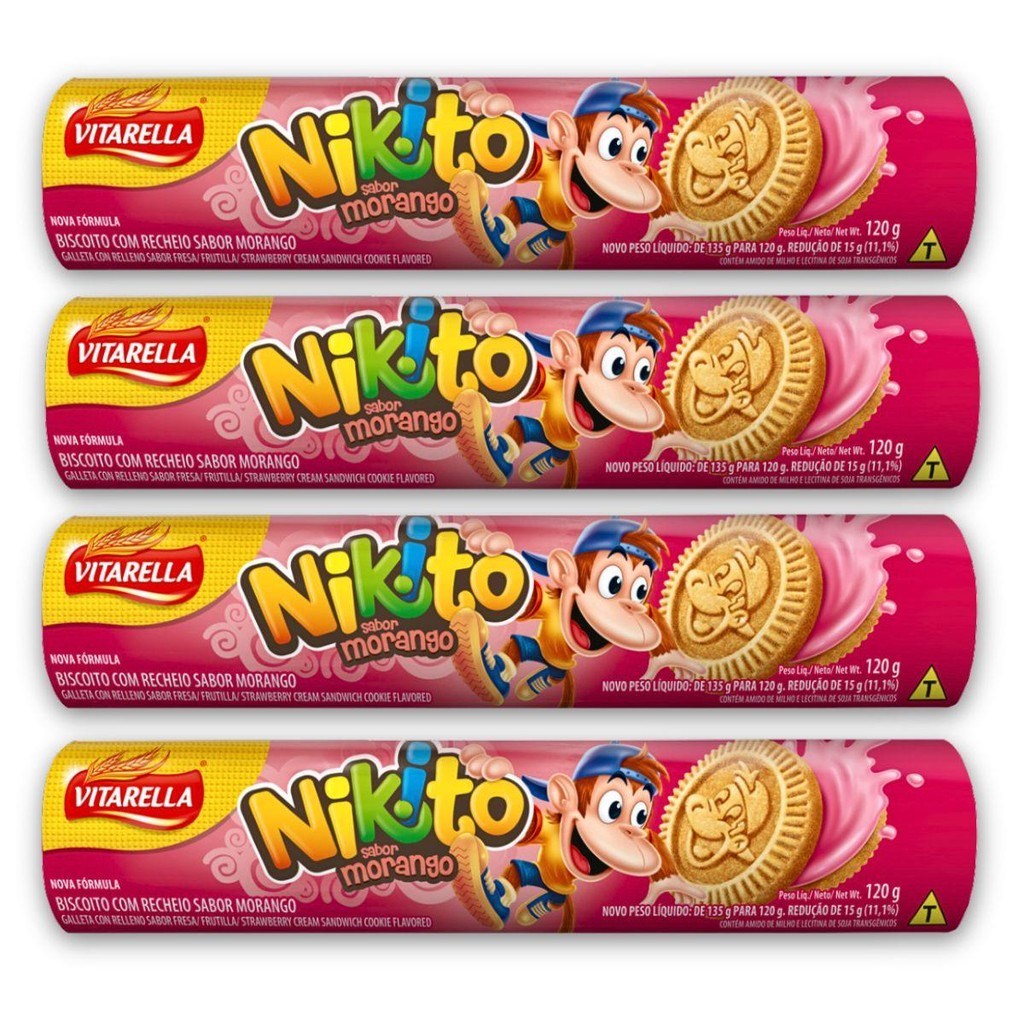 Kit 4un Biscoito Recheado 120G Morango Vitarella Nikito