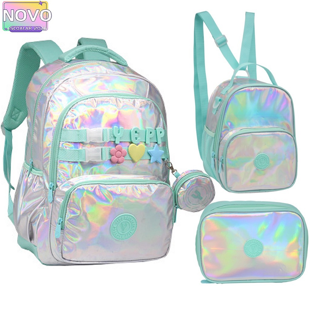 Kit Mochila De Costas Escolar Juvenil 18” Efeito Holográfico Squad Feminina Luxo Com Lancheira Térmica E Estojo em Oferta na Shopee