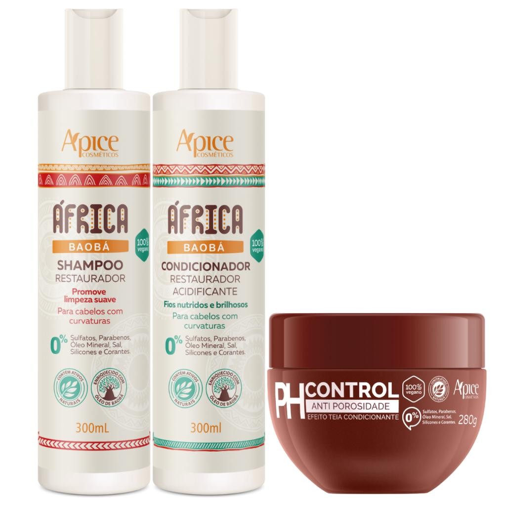 Kit Apice África Baobá Shampoo 300ml Condicionador 300ml Máscara PH Control 280g