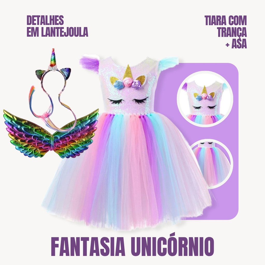 Vestido Infantil Unicórnio e Tiara com Trança e Asas Arco-Íris – Carnaval e Festas
