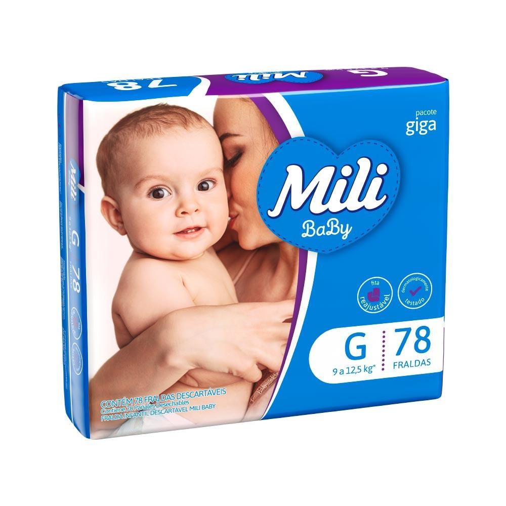 FRALDA MILI BABY GIGA COM 78 TAMANHO G GIGA em Oferta na Shopee