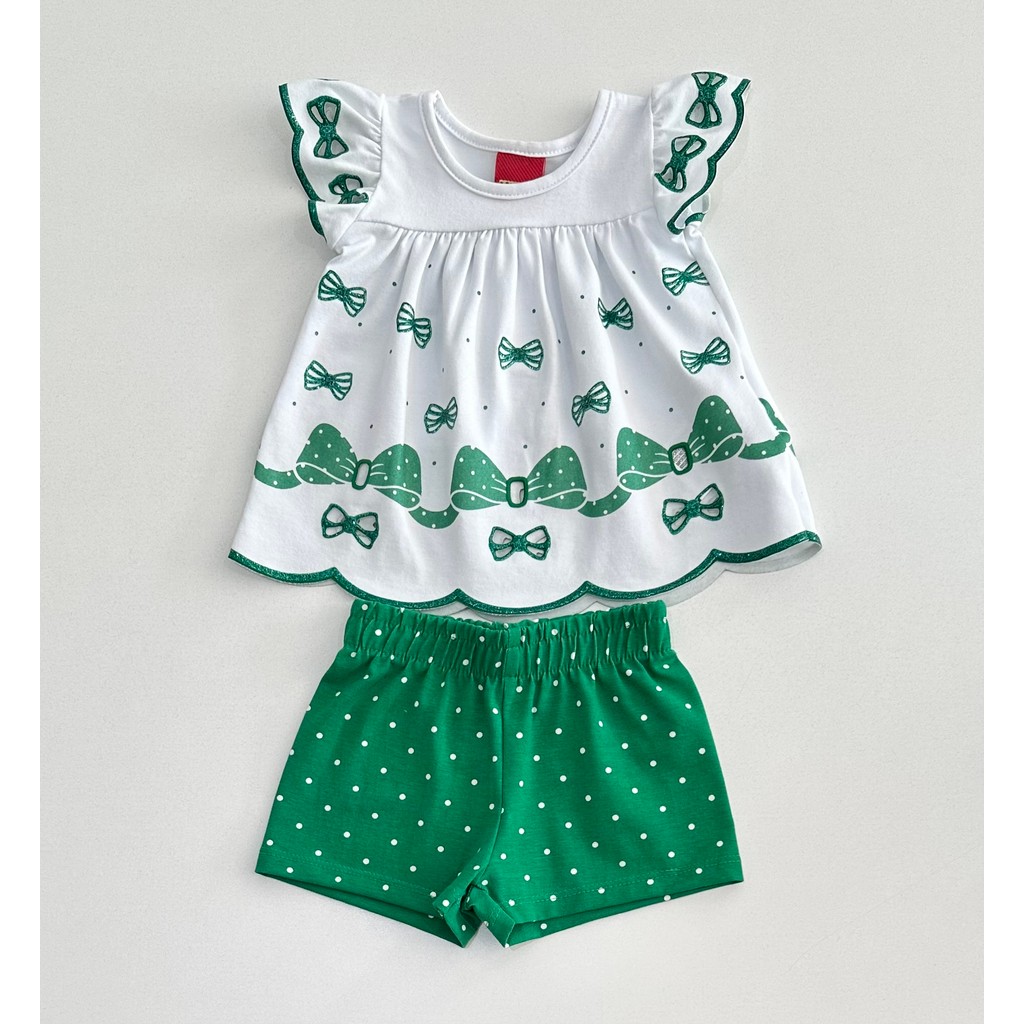 Conjunto Infantil Feminino Blusa Branca Estampada Laços Verdes com Babados e Shorts Verde Poá Algodão Confortável Moda K