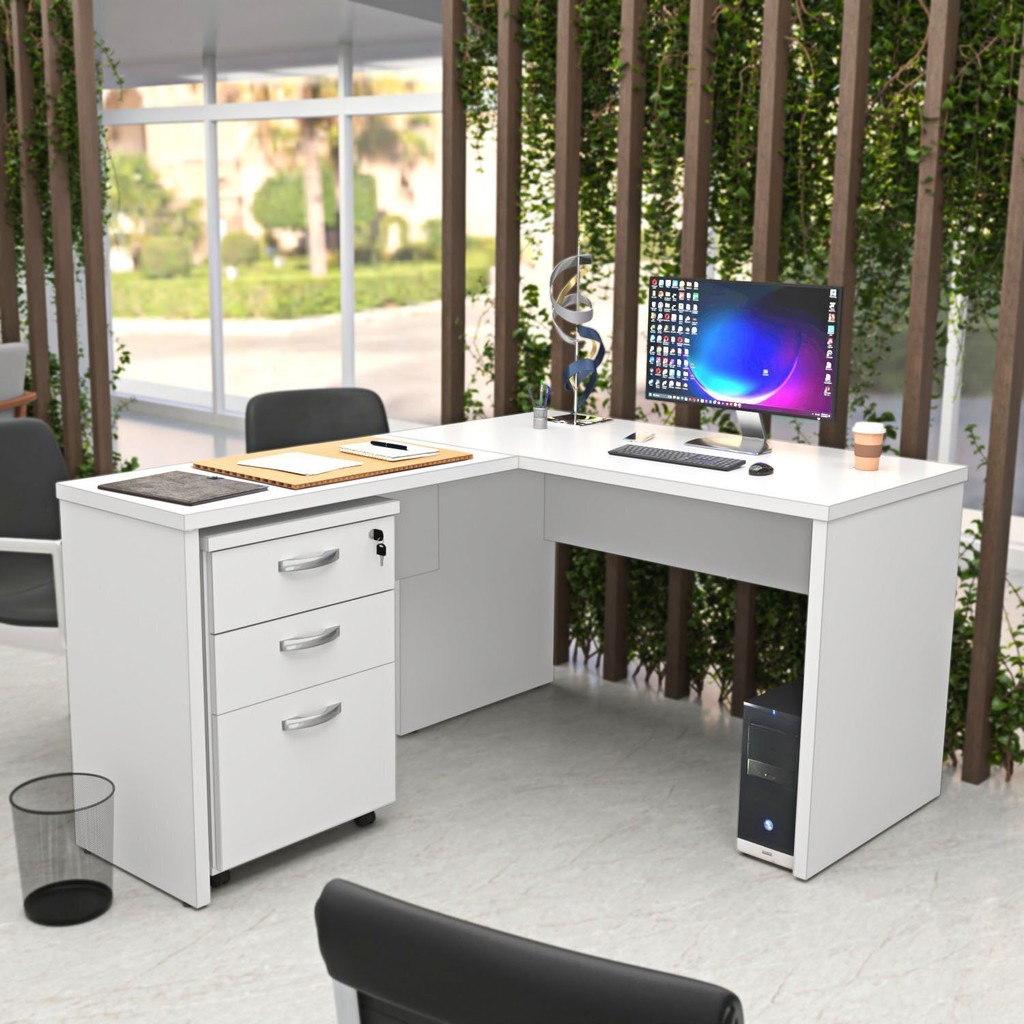 Escrivaninha Mesa Escritório em L com Gaveteiro com Chave 120CMX150CM 150cm Branco