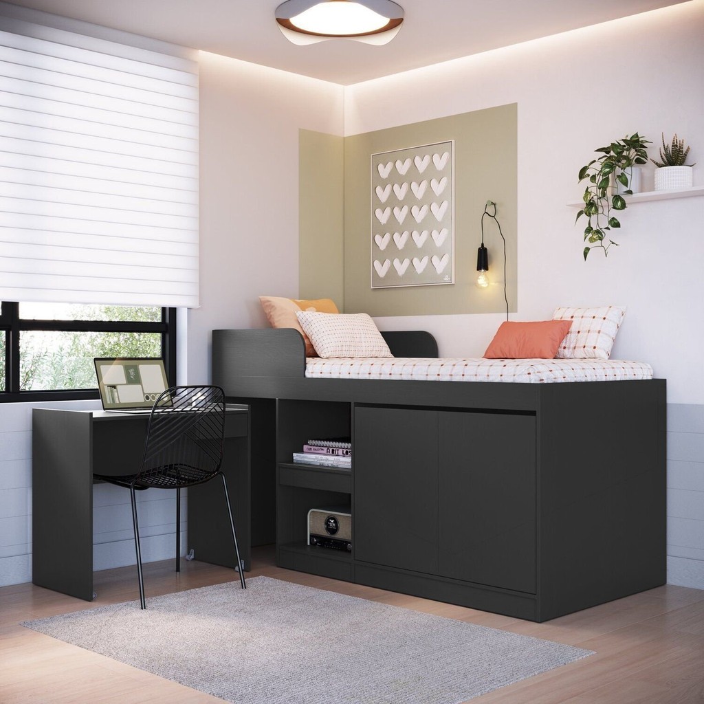 Cama Alta Multifuncional Solteiro Infantil/Juvenil com Estação De Trabalho 80 Jamaica Grafite em Oferta na Shopee