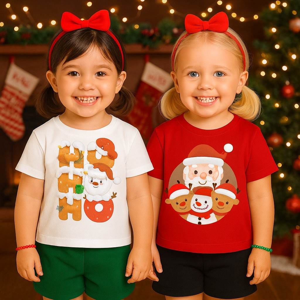 Kit 2 Conjuntos de Natal Menina - Conjunto de Papai Noel Feminino Infantil -Camiseta Vermelha e Branca de Natal Infantil