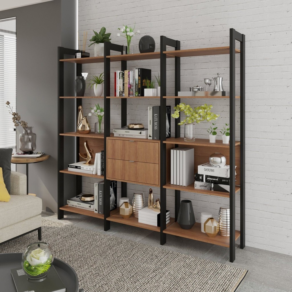 Estante para Livros Multiuso 5 Prateleiras 1,85x1,9m Haia Yescasa  Amêndoa/Preto em Oferta na Shopee