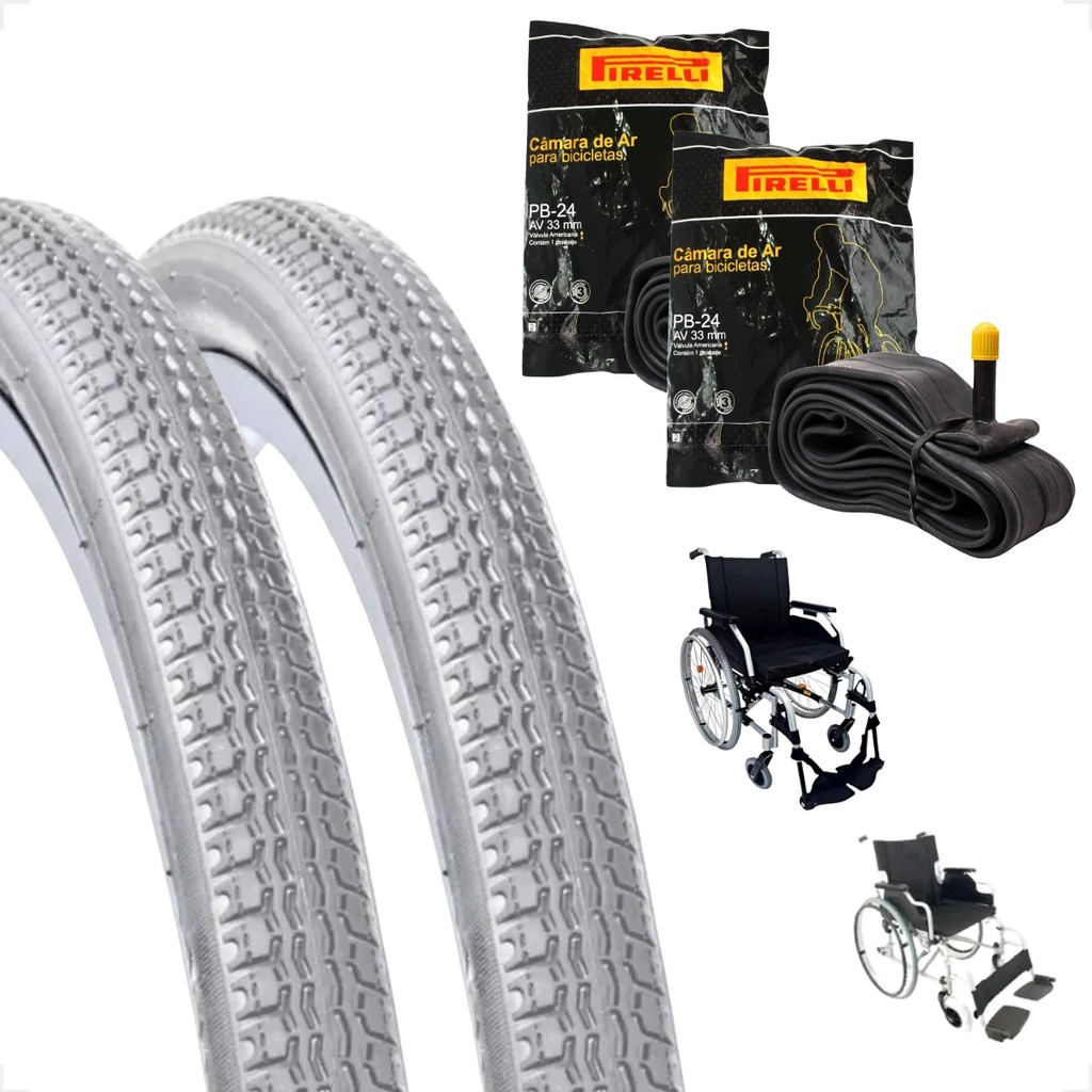 Par Pneu Pineu Para Cadeira de Rodas aro 24 x 1.3/8 Cinza Fino + Par Camara Pirelli bico grosso