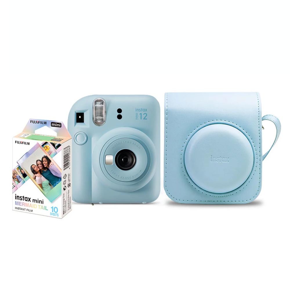 Kit câmera Instantânea Fujifilm instax mini 12 AZUL CANDY + bolsa + filme Mermaid Tail com 10 fotos