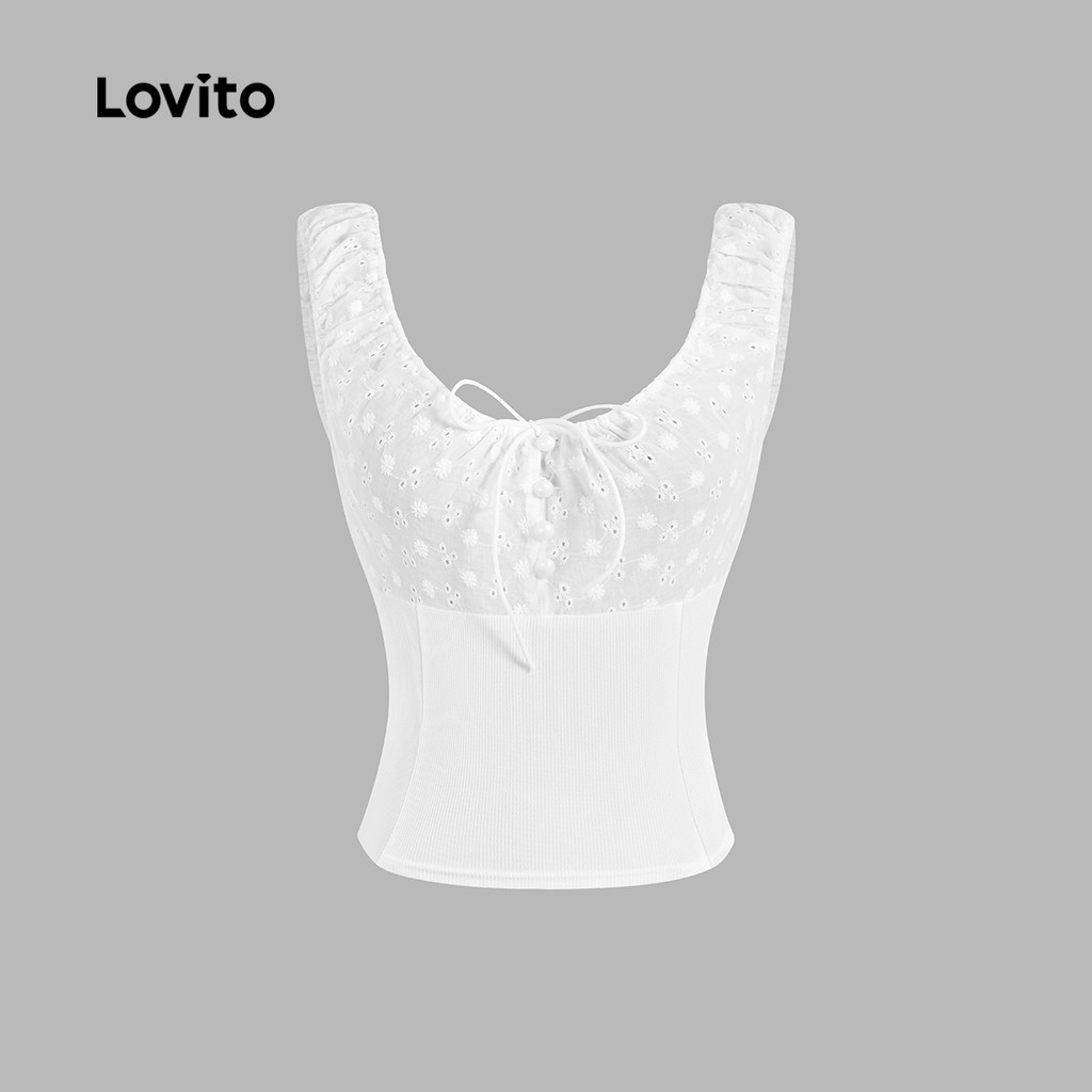 Detalhes do Lovito Camiseta feminina Casual com costura de tecido liso e bordado com cadarço L132ED146