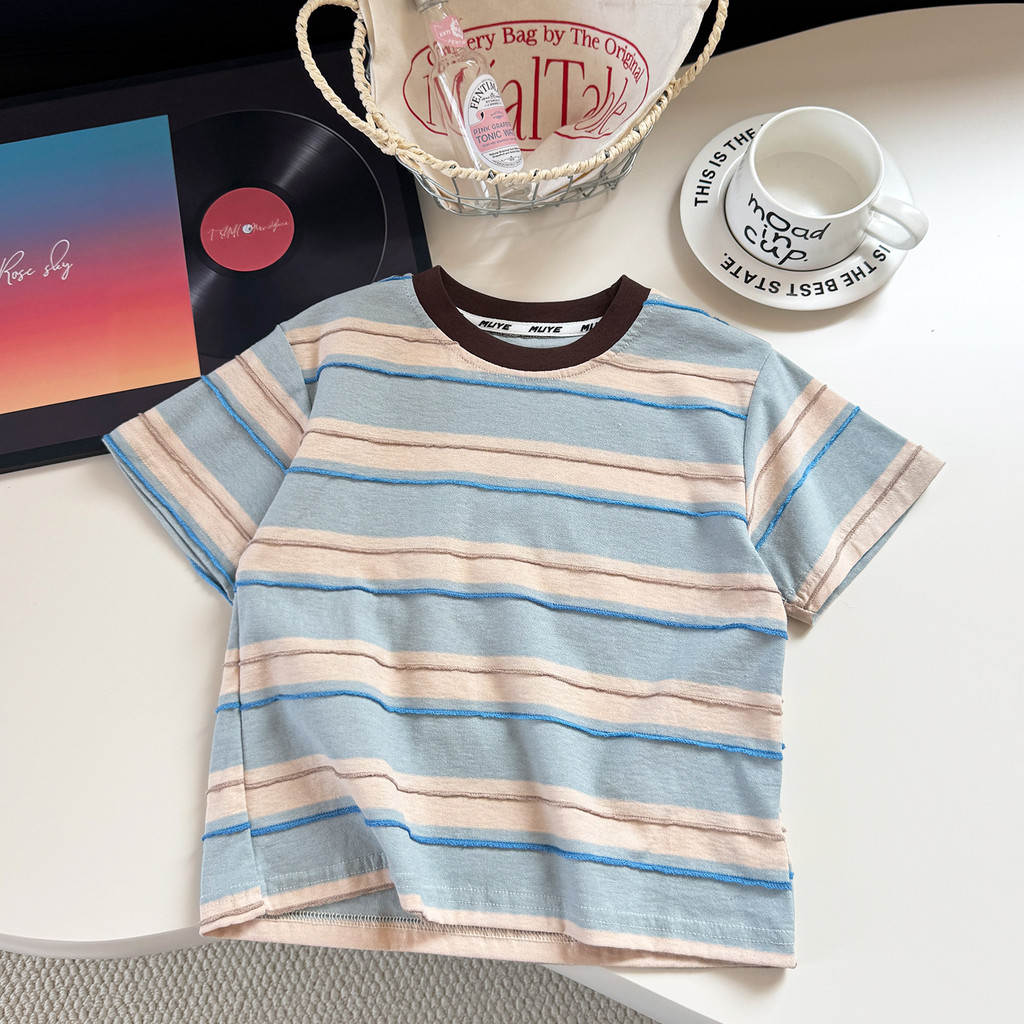 Meninos verão camiseta de manga curta crianças versão coreana listrado moda topo bebê All-Match solto redondo