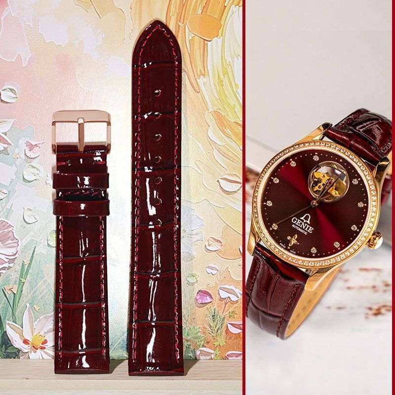 High-End cinta de couro genuíno brilhante borgonha cinta adequada para Juni 2028/1846/2026/2016 pino fivela pulseira de