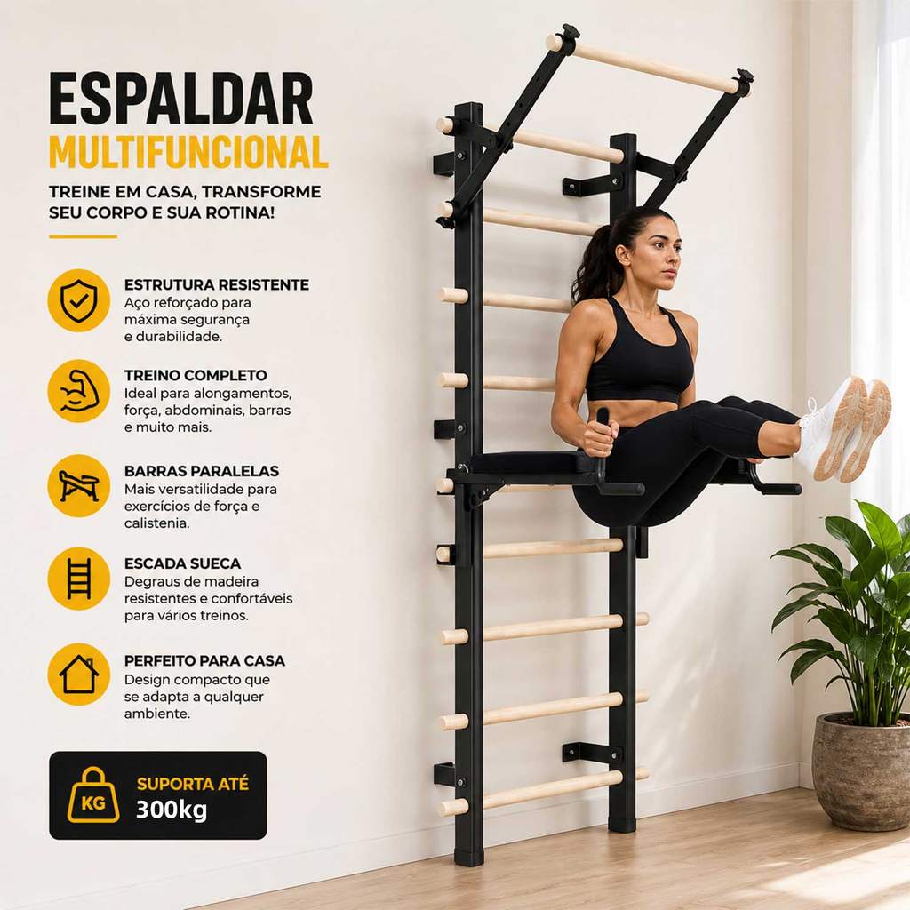 Espaldar Sueco Multifuncional Barra Fixa Paralelas Academia em Casa Treino Completo 300kg