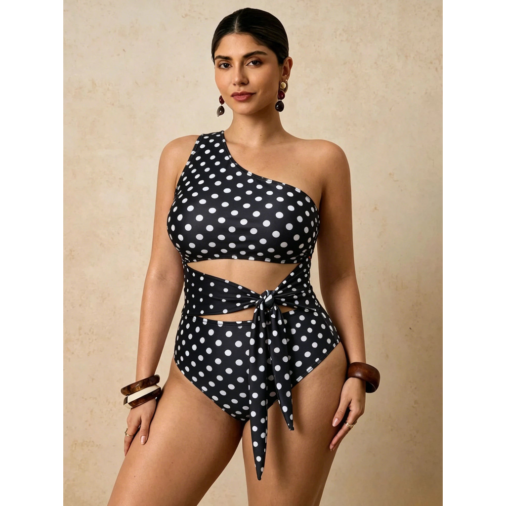 [Anil] Maiô Plus Size Para Mulheres , Peça Única , Bolinhas , Um Ombro , Conjunto De Biquíni Feminino , Cintura Alta , V