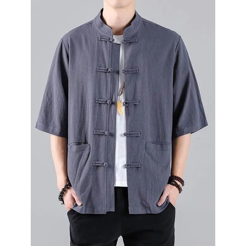 Estilo chinês verão de manga curta abotoado camisa masculina meia manga Tang terno estilo chinês algodão linho Casual ca