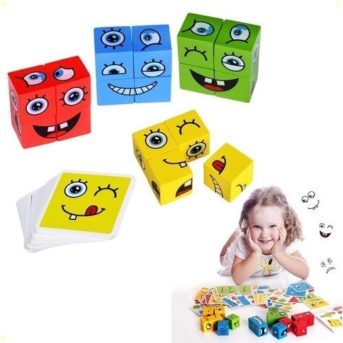 Jogo das Emoções Cubos de Madeira - Jogo Educativo Infantil Desenvolvimento Emocional Criatividade com case