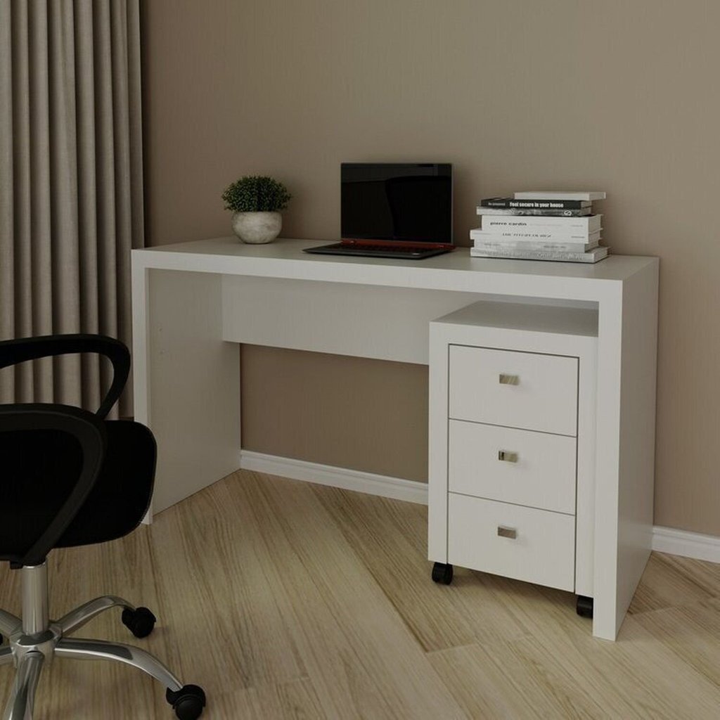 Conjunto 2 Peças com Escrivaninha Mesa Escritório ME4135 e Gaveteiro ME4108 127cm Branco Branco