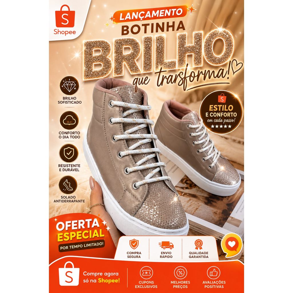 Botinha Feminina com brilho Casual Leve e Confortel Em Promoção