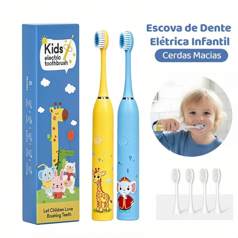 Escova Elétrica Infantil Cerdas Macias 4 Modos com Cabeças de Reposição