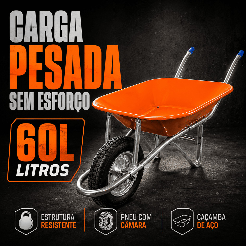 Carrinho de Mão 60 Litros Pneu com Câmara Metalosa Obra Construção Jardim Carriola