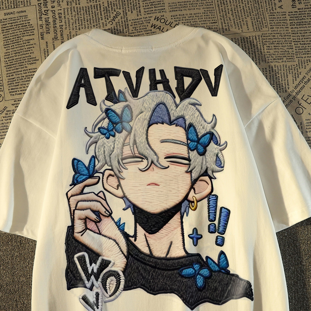 Personagem de desenho animado americano imitação bordado impresso algodão puro manga curta camiseta feminina meninos ver
