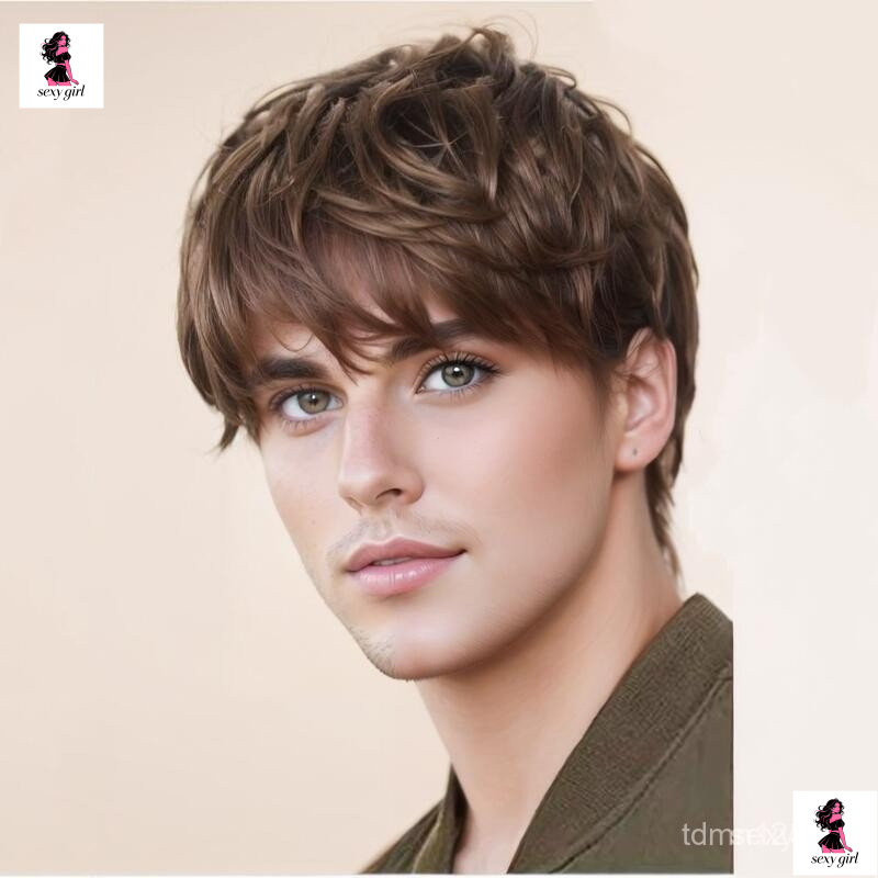 Peruca Masculina Curta, Cabelo Liso Castanho, Cabelo Curto Preto, Cabelo Curto Cacheado Macio, Franja Lateral, Peruca de