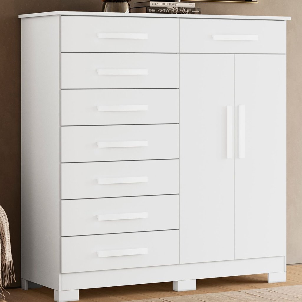 Cômoda 8 Gavetas 2 Portas com Cabideiro Verona Branco Branco