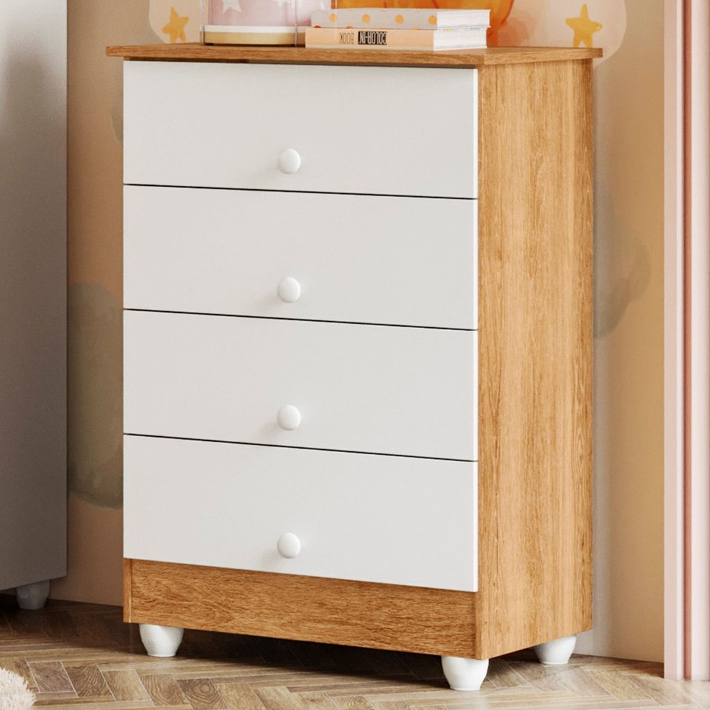 Cômoda de Bebê 100% MDF 4 Gavetas Soft Life Branco/Madeirado Ypê Branco/Madeirado Ypê
