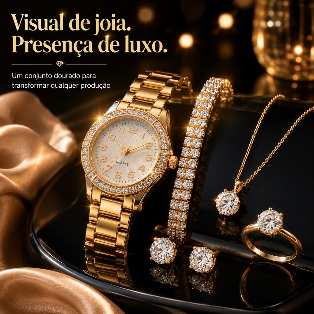 Kit Relógio Feminino Prateado 5 Peças Colar Brinco Pulseira Anel Conjunto Luxo Presente para Mulher
