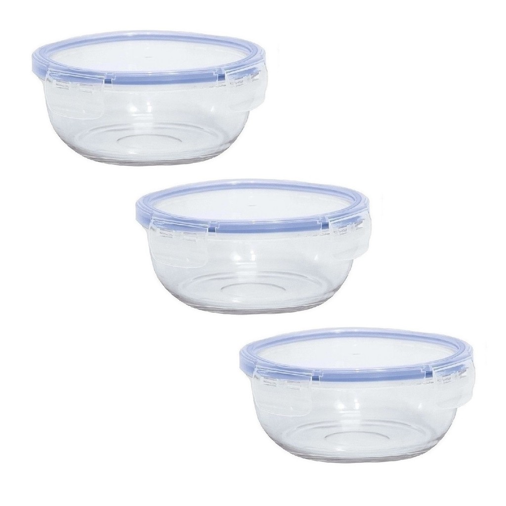 Kit 3 Potes Pequeno Hermético Redondo 370ml Vedação 4 Travas Marmita Papinha Lancheira Micro-ondas Freezer Geladeira