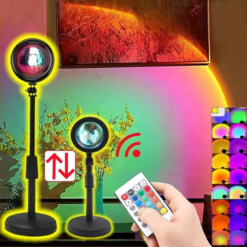 Lâmpada Pôr do Sol com Controle Remoto Luz Noturna USB 16 Cores Ajustáveis para Decoração de Quarto