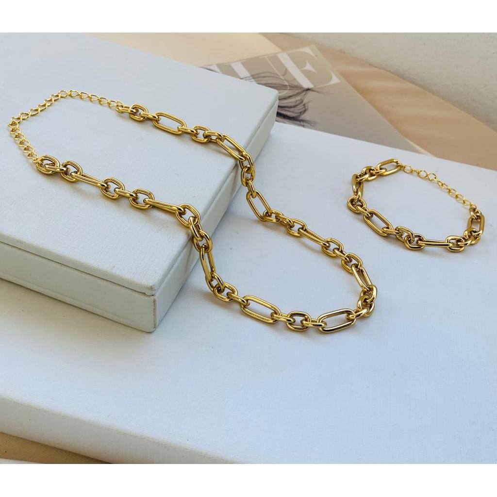 Conjuntos Semi Joia Colar trabalhado e Pulseira a Ouro Verniz Italiano