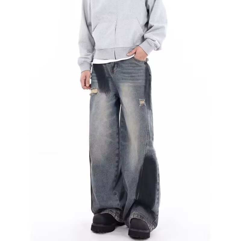 SOLIDSDMADE American High Street Patch Jeans Rasgado Homens Verão Street Wear Calças Soltas Retas Esfregar