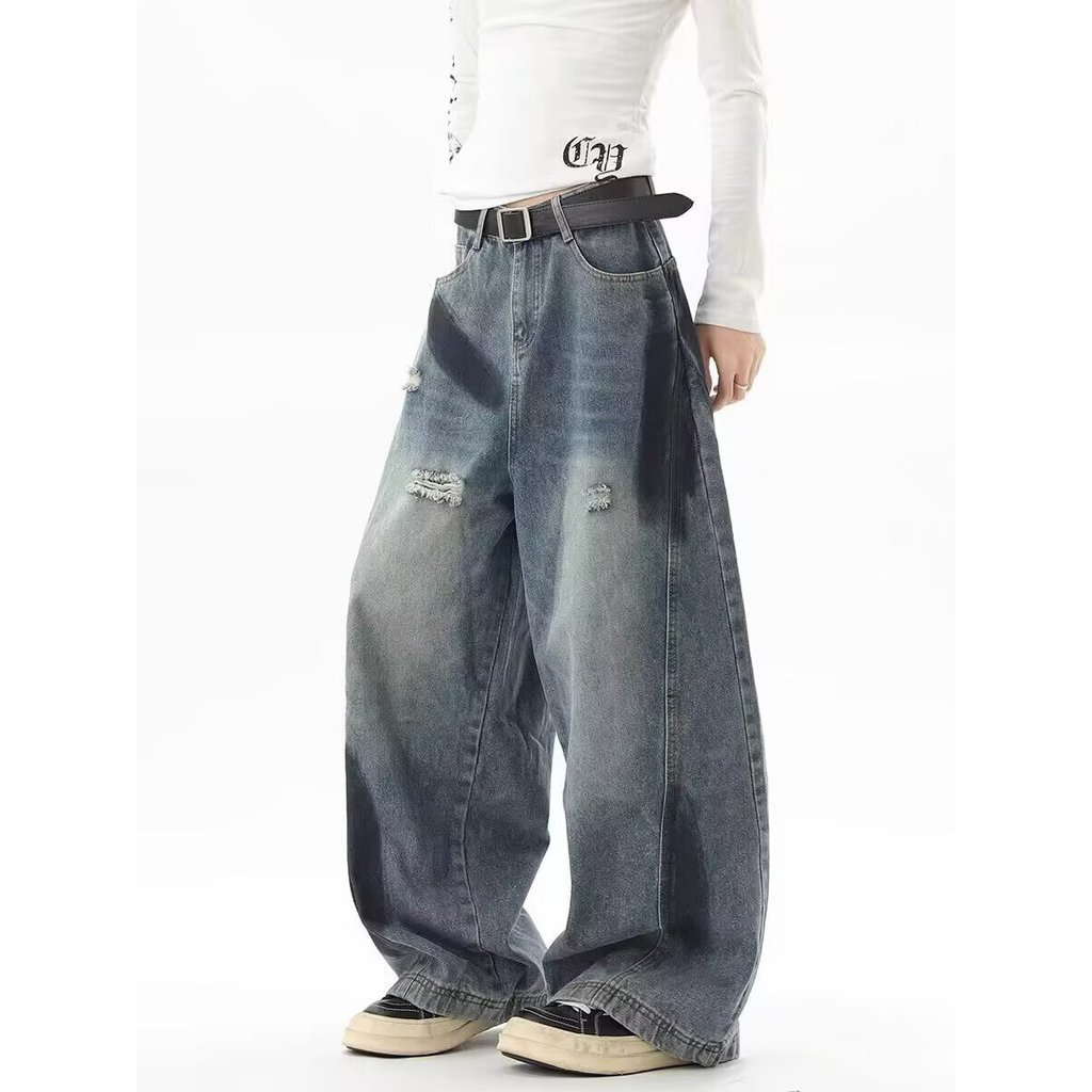 INSstudios National Street Wear Casal Estilo Americano Splash Ink Lavado Jeans Rasgados Soltos Calças Compridas de Perna