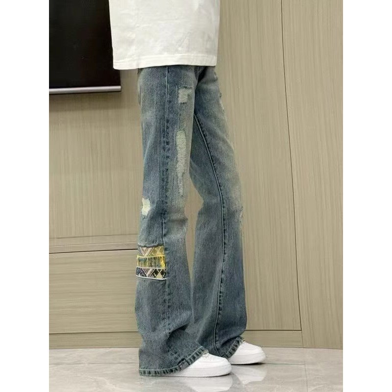 Cleanfit estilo étnico bordado rasgado Jeans masculino Retro vibe Puffer bonito ligeiramente queimado calças retas Mache