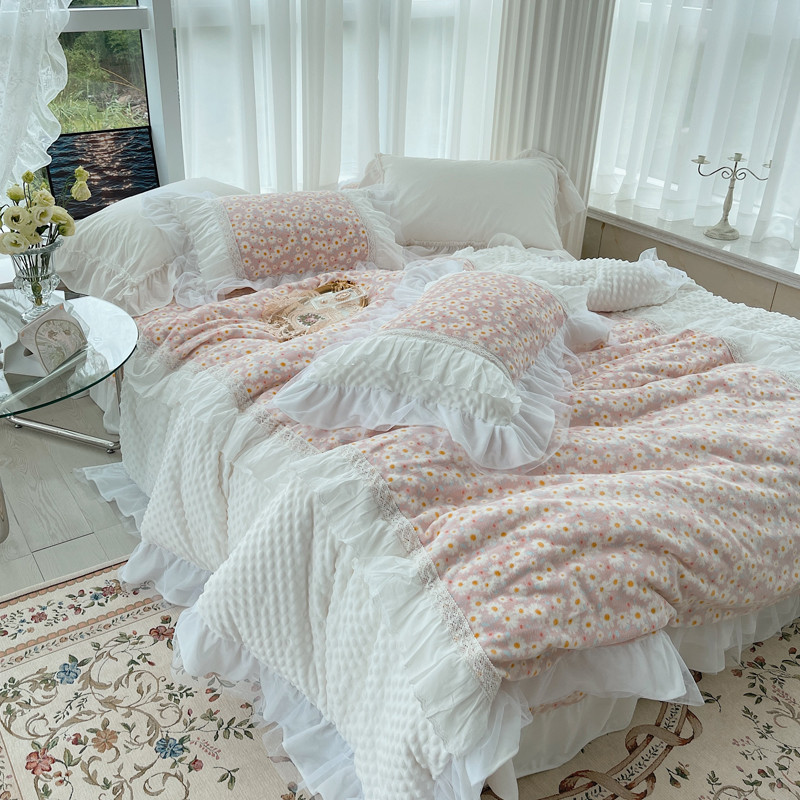 Estilo coreano fresco inverno Coral velo conjunto de quatro peças leite velo flanela inverno colcha capa estilo princesa