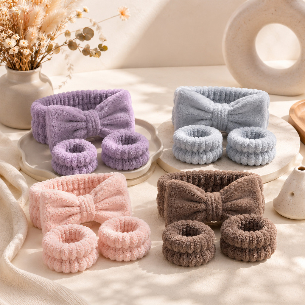 Kit Spa Facial 3 Peças | Faixa de Cabelo com Laço + Pulseiras para Lavar o Rosto sem Mol
