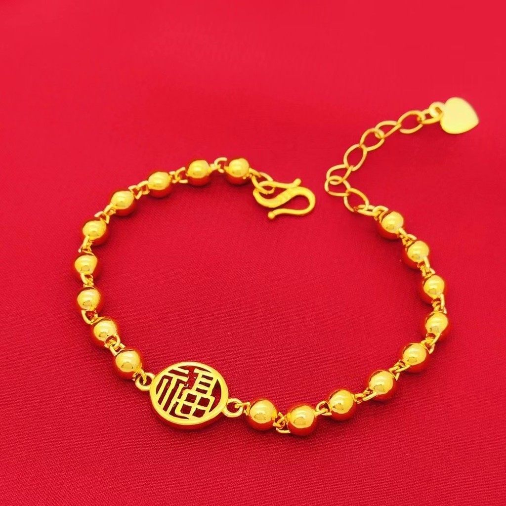 Novo estilo nacional na moda fortuna marca transferência grânulo pulseira feminina banhado a ouro areia ouro brilhante p