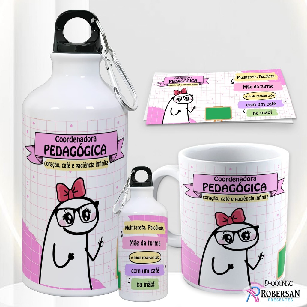 Garrafa Água Personalizada Kit Escolar Coordenadora Pedagógica Caneca Garrafinha Squeeze