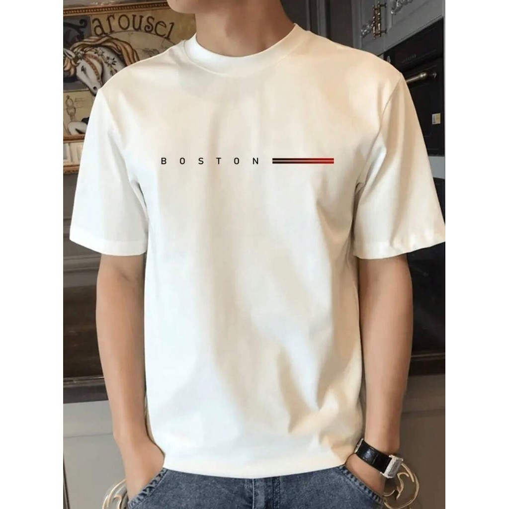Camiseta Masculina Manga Curta Estampa Gráfica Boston Camiseta Casual Versátil Confortável