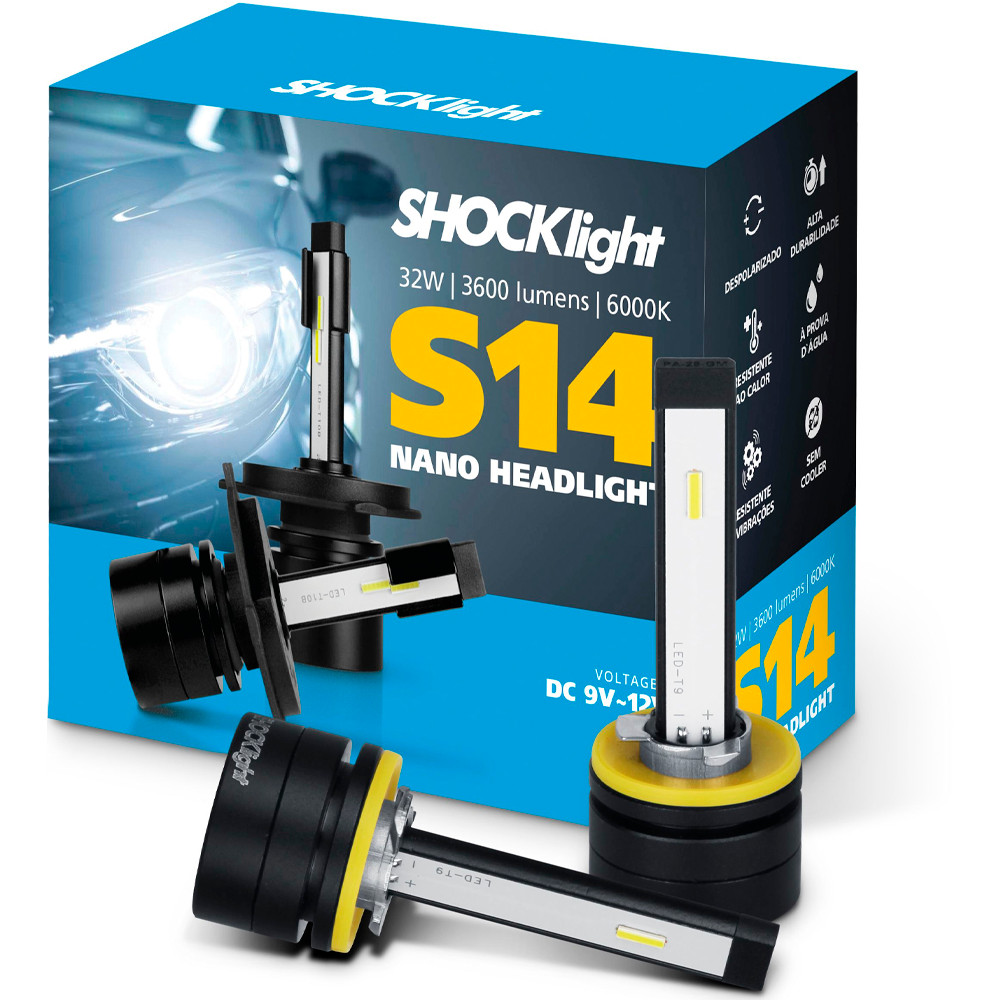 Par de Lâmpadas Super Led Mini Headlight S14 Nano 6000K para Carros Luz Branca Potente e Longa Vida Útil - Shocklight