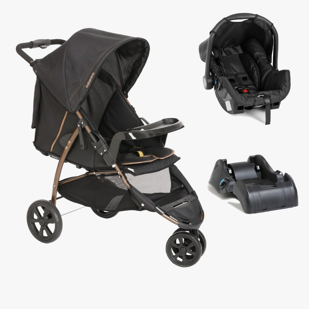 Trio Carrinho Cross Trail Preto Cobre + Bebê Conforto e Base
