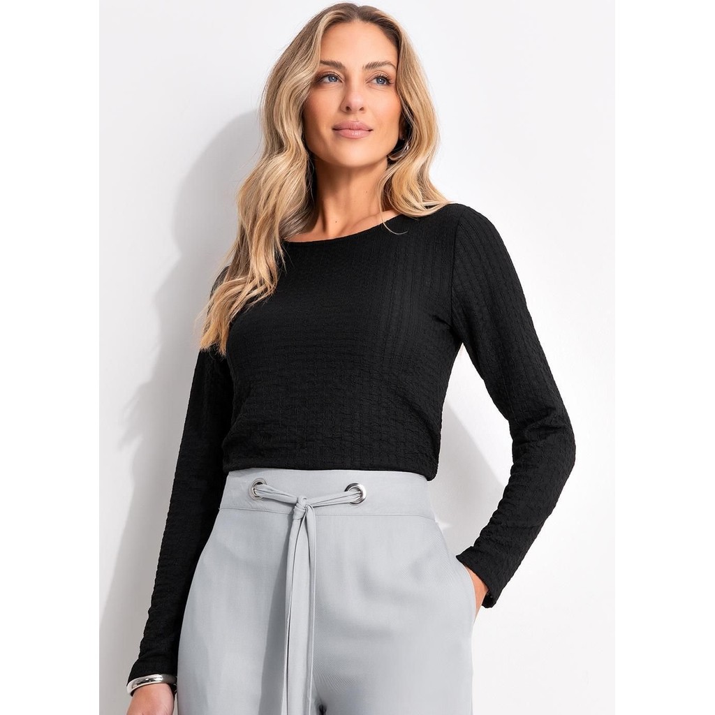 Blusa Em Malha Canelada Texturizada Preto Quintess em Oferta na Shopee