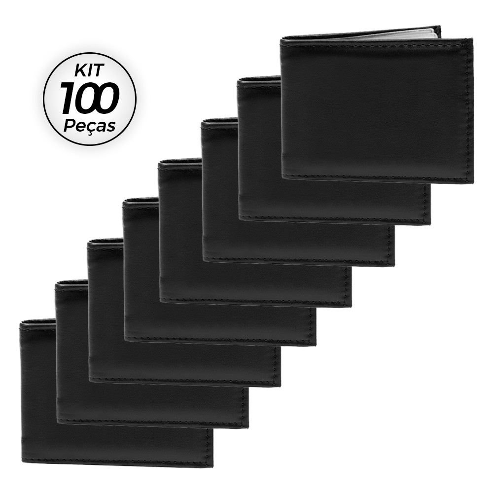100 Carteiras Couro Sintético Slim Masculina Atacado Barato Divisórias Dia a Dia Preto