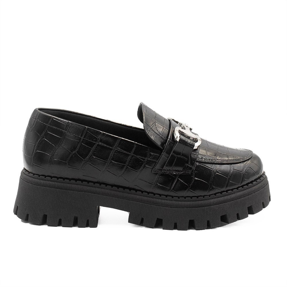 Mocassim Tratorado Sola Alta Amelia Preto Croco em Oferta na Shopee
