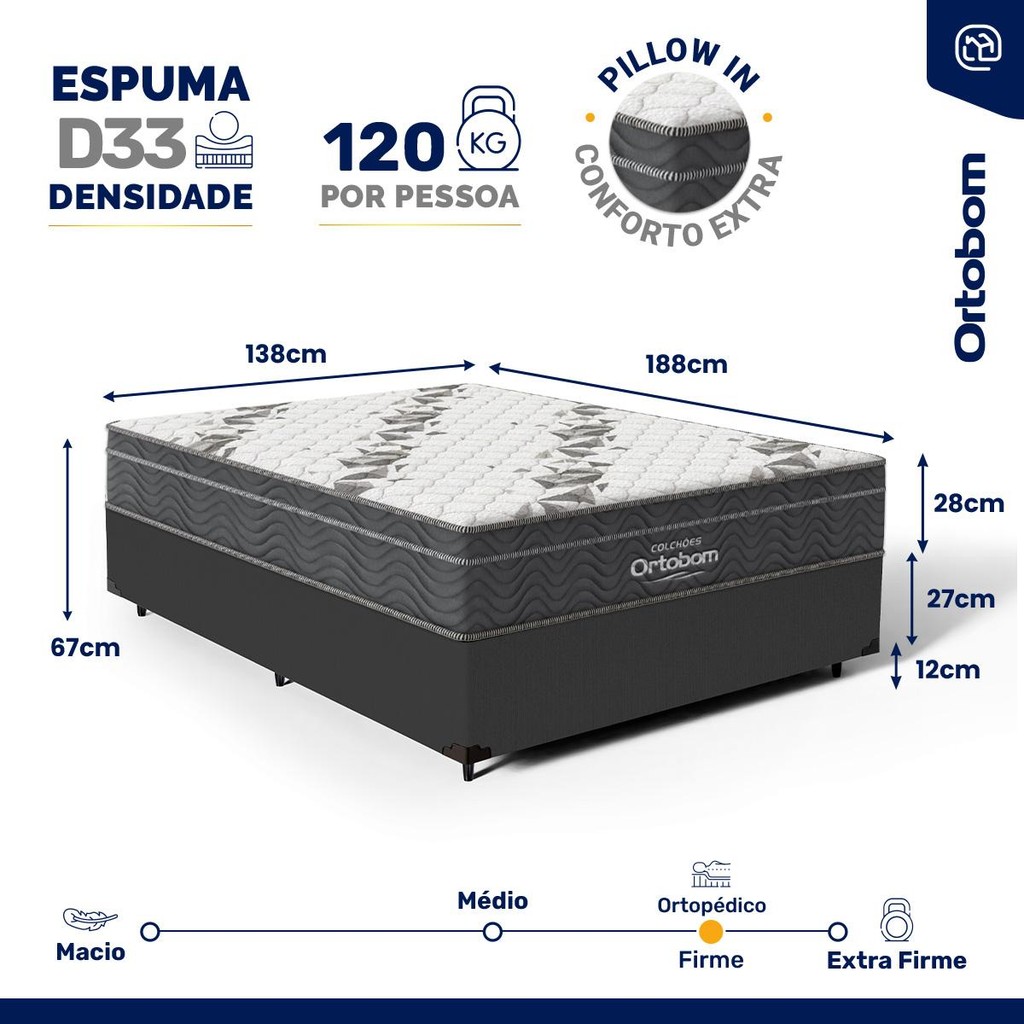 Detalhes do Cama Box com Colchão de Espuma D33 Ortobom Airtech Ortopillow 100 Casal 138cm