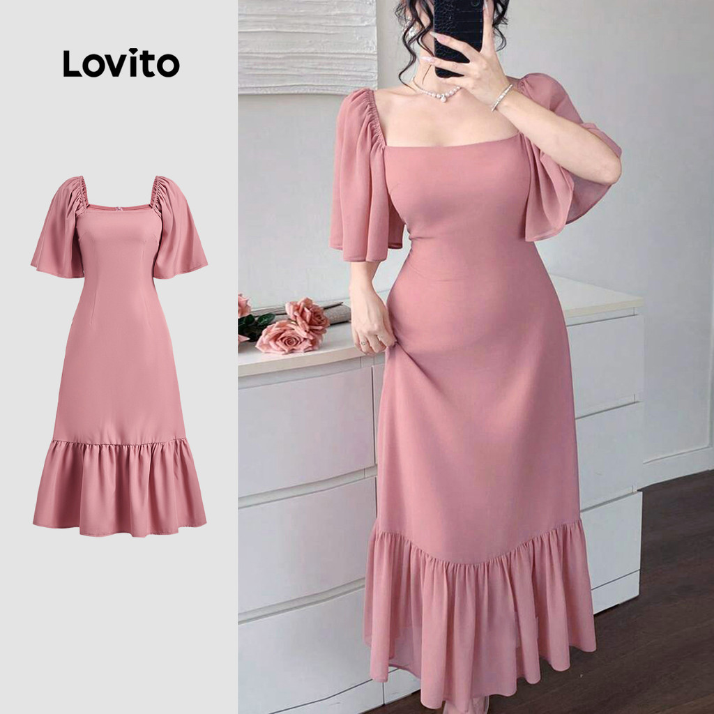 (NEW) Lovito Vestido Elegante com Babados Na Borda Linha Estruturada Primavera/verão Vestido Rosa L150AD1733 em Oferta na Shopee