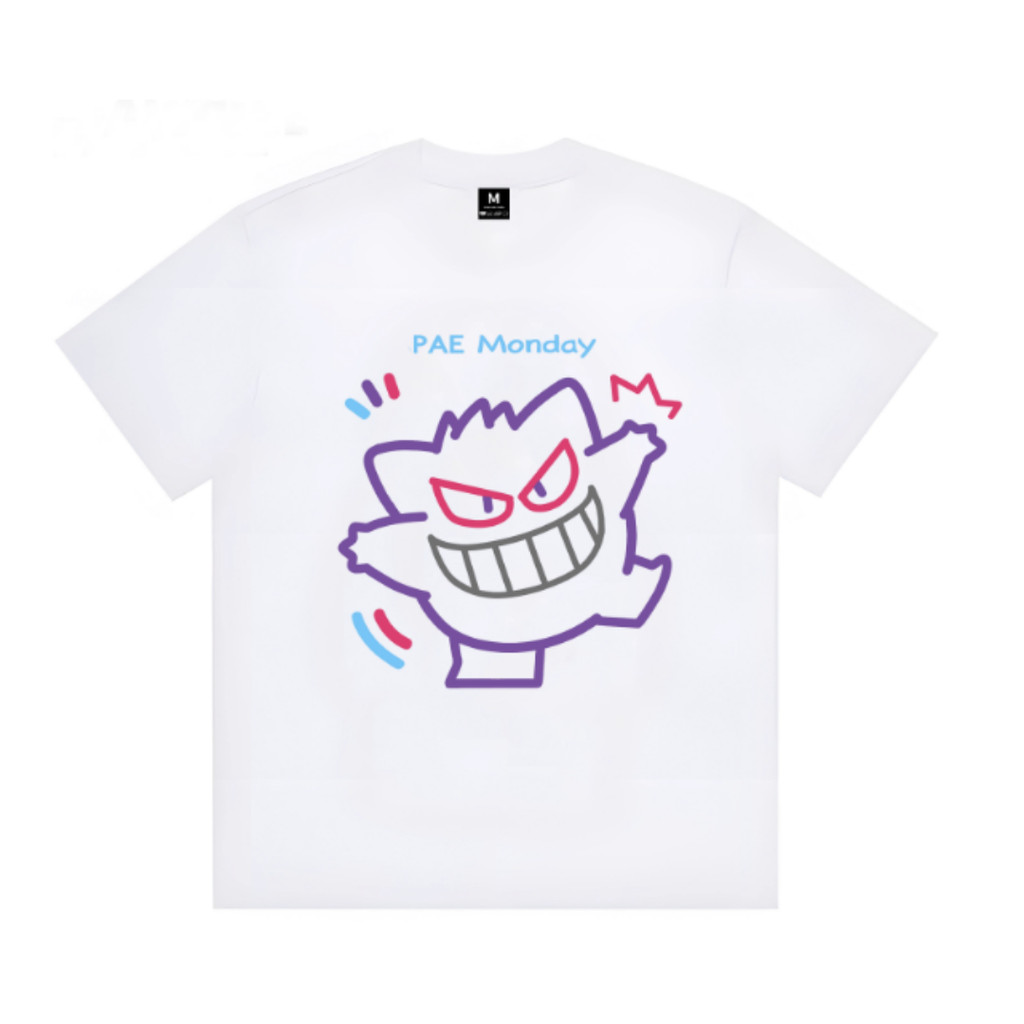 Camiseta Estampada Com Personagem Gengar E Frase "PAE Monday", Top De Algodão Casual Versátil Unissex