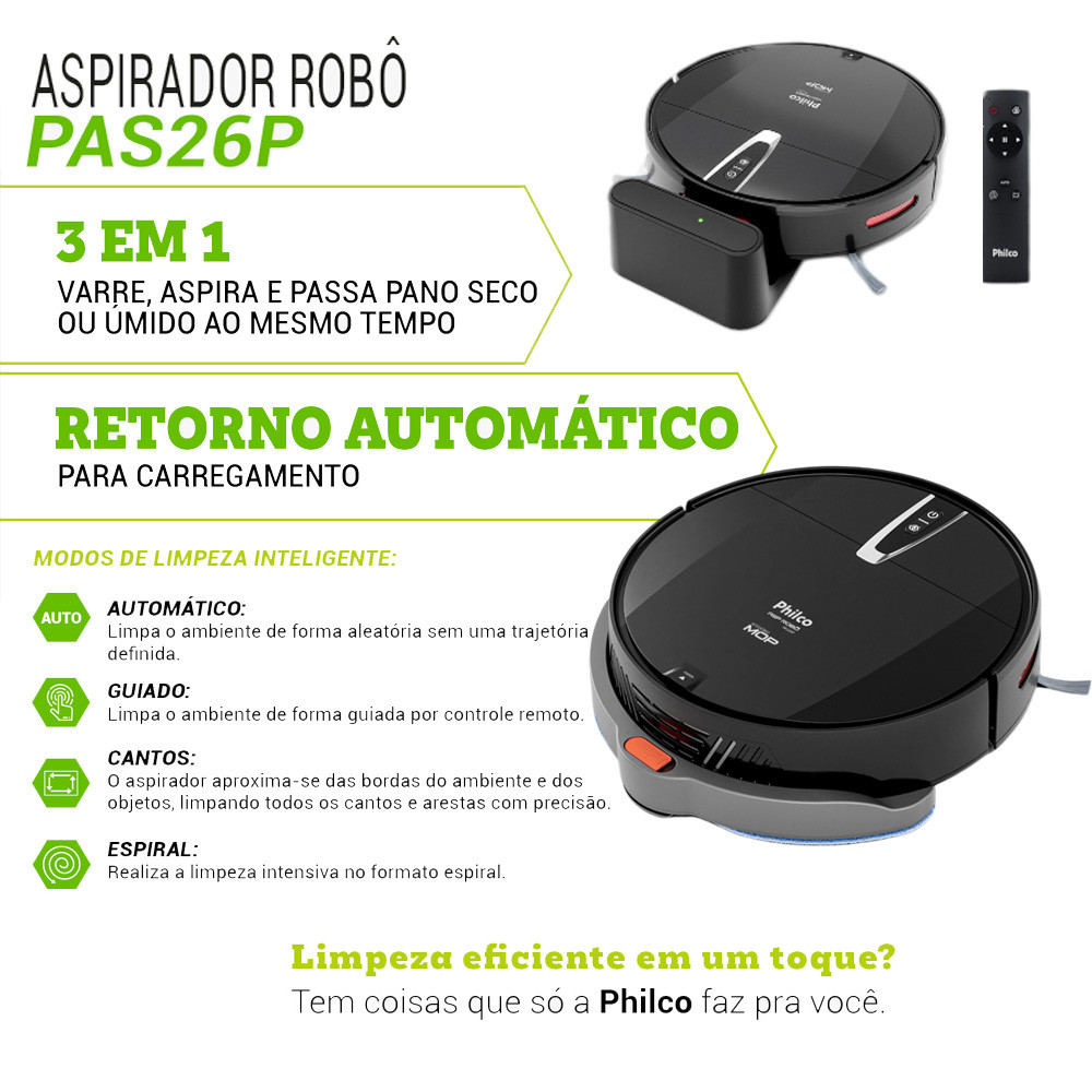 Aspirador Robô 3x1 Aspira Varre e Passa Pano Sensor Antiqueda 127v 220v Bivolt PAS26P Philco — imagem 2 de 2